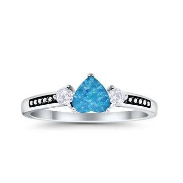 Heart Promise Ring Lab Created Blue Opal Black Accent 925 Sterling Silver